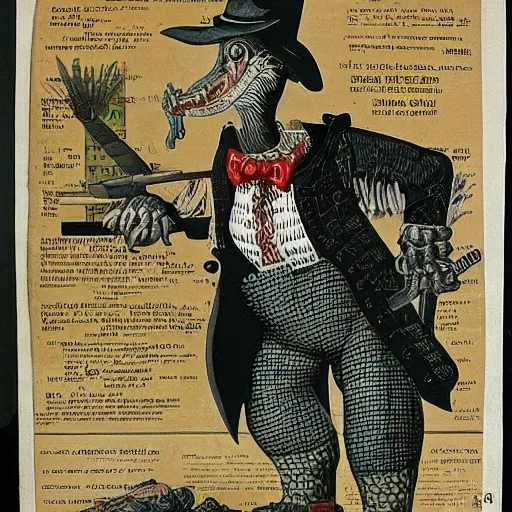 Image similar to a poster featuring a humanoid crocodile smoking a cigar, a hawk with a black cross shaped sword