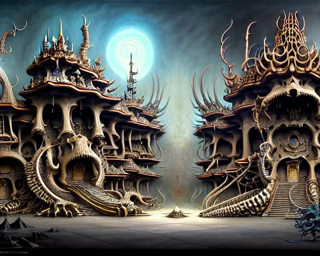 Image similar to street view of a temple made of dragon skulls and bones, fantasy landscape made of fractals facing each other, ultra realistic, wide angle, intricate details, the fifth element artifacts, highly detailed by peter mohrbacher, hajime sorayama, wayne barlowe, boris vallejo, aaron horkey, gaston bussiere, craig mullins