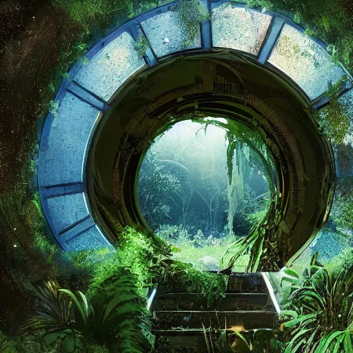 Image similar to stairs leading to a derelict portal in a middle of a lush futuristic forest, alien world seen through a portal, daylight, cinematic lighting, blue sky, syd mead, john harris