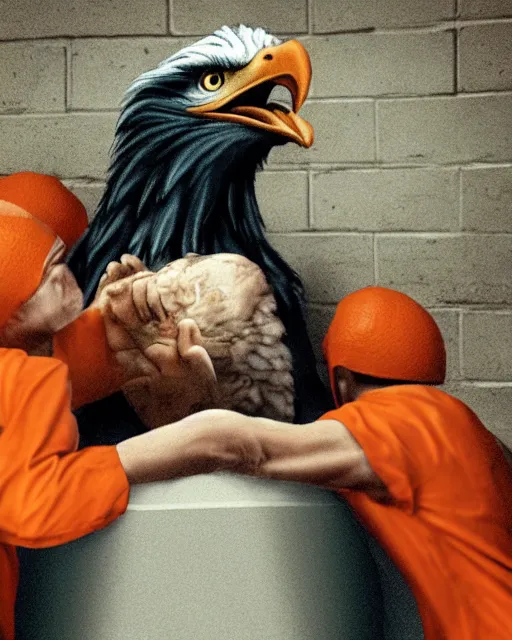 Image similar to Medium shot photo of eagles biting scared Donald Trump in prison jail wearing orange pajamas, octane, dramatic lighting, editorial photo, 35mm, very detailed