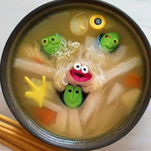 Prompt: muppets swimming in noodle soup