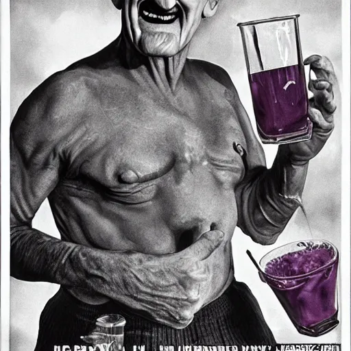 Image similar to promotional art for the movie'unless you hate bullruns ', barry chuckle preparing a batch of purple oil drink, hyperreal detailed facial features and uv lighting, art by ed roth and basil wolverton