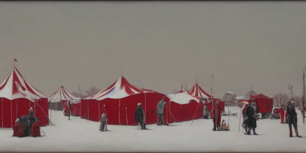 Image similar to a big circus in the snow ground, oil painting, red and white color, no people