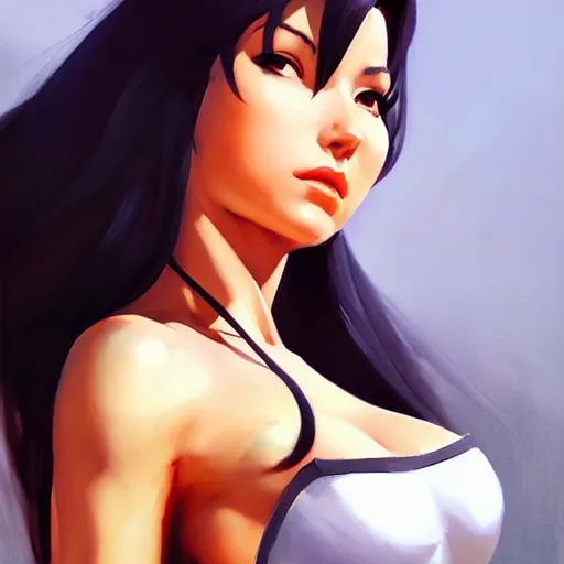 Image similar to Greg Manchess portrait painting o Tifa Lockheart as Overwatch character, medium shot, asymmetrical, profile picture, Organic Painting, sunny day, Matte Painting, bold shapes, hard edges, street art, trending on artstation, by Huang Guangjian and Gil Elvgren and Sachin Teng