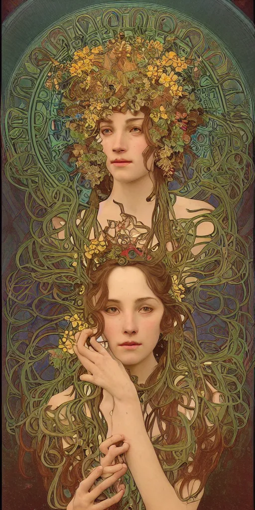 Prompt: a portrait of a beautiful female godess of spring, by Mohrbacher and Moebius and Alphonse Mucha and Roger Deakins, cinematic lighting, masterpiece, highly detailed, 8k resolution, trending on art station