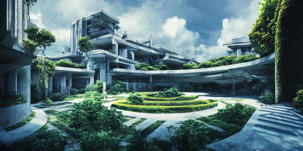 Prompt: “verdant classical garden based on the brutalist architecture of carlo scarpa, sci-fi, light blue sky with clouds, dramatic matte painting, style by syd mead, 8k, octane render, photorealistic, hyperrealism”