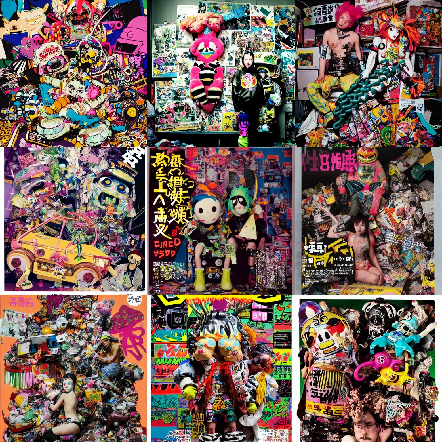 Prompt: photo of Rammellzee Garbage Gods with Hyoma mascot plush character from 20471120 in the style of 1990's FRUiTS magazine in japan in a dirty dark dark dark poorly lit bedroom full of trash and garbage server racks and cables everywhere in the style of Juergen Teller in the style of Shoichi Aoki and Ryan Trecartin, japanese street fashion, KEROUAC magazine, magazine 1990's, Vivienne Westwood, y2K aesthetic