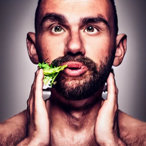 Image similar to a sad man eating salad, stock photograph, studio lighting, 4k, beautiful symmetric face, beautiful gazing eyes
