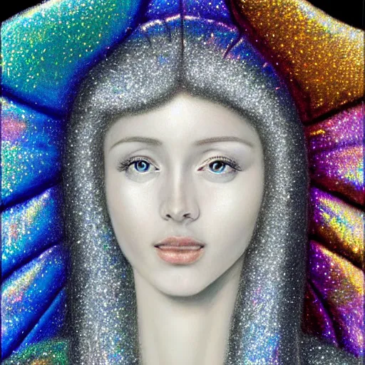 Prompt: highdetailed hyperrealistic painting of silver holographic angel in the hood lightning hands with silver sparkles!!!, giant silver ball on the chest!!!!!, 4 k hd fur face!!!, big wings, by jan van eyck, holography space, white sparkles everywhere, thin strokes, white monochrome color!!!!!, hyperrealism textures