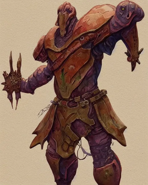 Image similar to a watercolor painting full body character portrait of a humanoid dinosaur paladin / cleric in the style of moebius in the style of leonard boyarsky trending on artstation deviantart pinterest furaffinity detailed photorealistic highlights and shadow hd 8 k post - processing high resolution