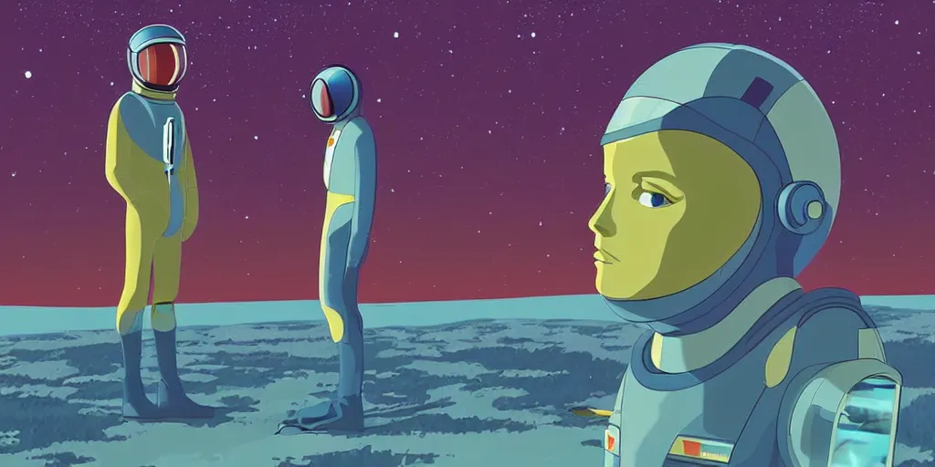 Image similar to a portrait of lonely single Alain Delon alone pilot in spacesuit on field forrest symmetrical spaceship station landing laying lake artillery outer worlds in FANTASTIC PLANET La planète sauvage animation by René Laloux