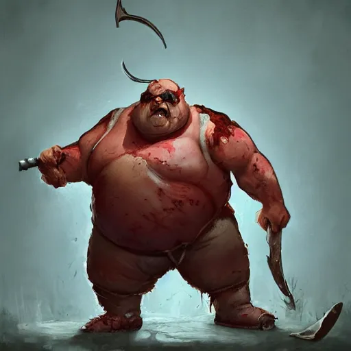 Image similar to a fat fleshy abomination butcher holding a cleaver and a hook hand, meats on the ground, in the style of greg rutkowski, fantasy rpg, league of legends