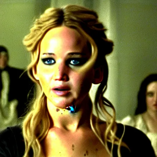 Image similar to cinematic jennifer lawrence as frankensteins monster, color photography, sharp detail, she is amused, still from the movie mary shelly's frankestein