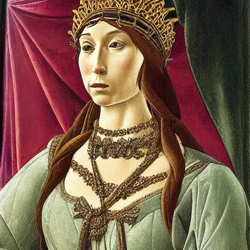 Prompt: portrait of tyrannosaurus dressed as an italian queen, painting by botticelli