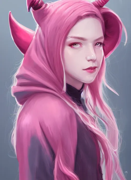 Image similar to a highly detailed illustration of cute smug pink haired pale girl with horns wearing oversized pink hoodie, dramatic smirk pose, intricate, elegant, highly detailed, centered, digital painting, artstation, concept art, smooth, sharp focus, league of legends concept art, wlop.