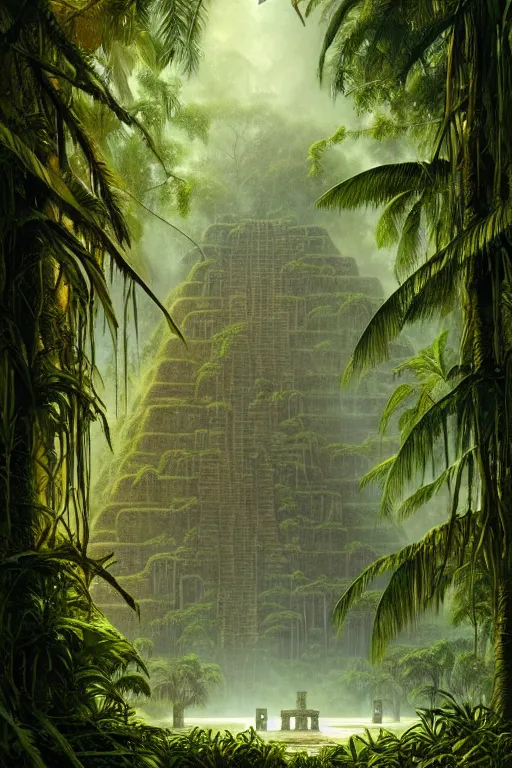 Image similar to a swampy tropical forest surrounding a ancient mayan ruin, tone mapped, shiny, intricate, cinematic lighting, highly detailed, digital painting, artstation, concept art, smooth, sharp focus, illustration, art by arthur haas and bruce pennington and john schoenherr