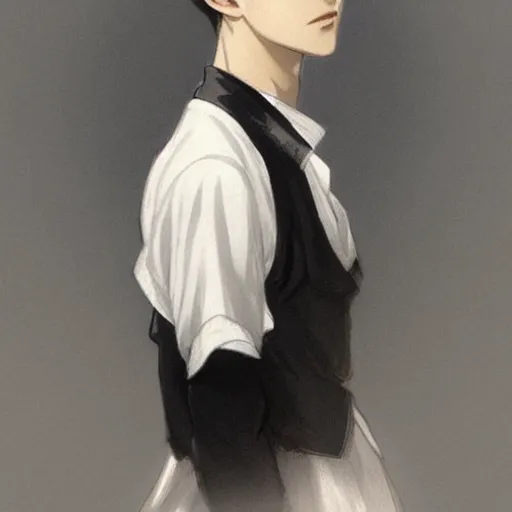 Image similar to Levi Ackerman, south Korean male, wearing a black and white maid dress, short, short hair, pointy nose, annoyed. elegant. highly detailed, digital painting, artstation, concept art, smooth, sharp, focus, illustration. art by artgerm and greg rutkowski alphonse mucha and Marat Safin