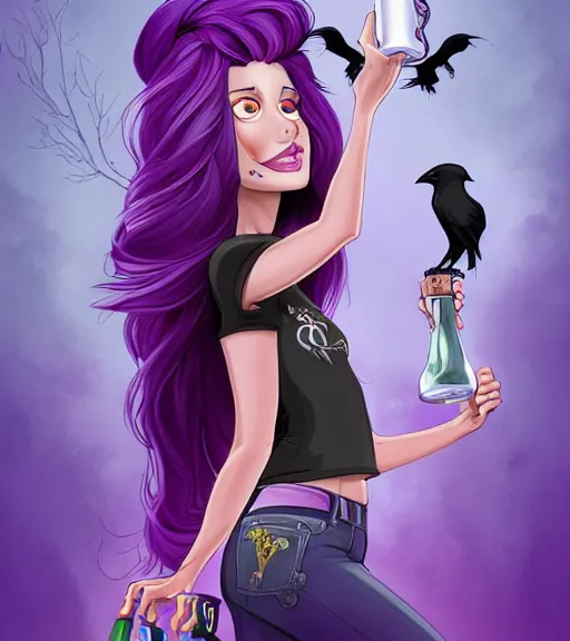 Prompt: thin white girl with long purple hair wearing a black t - shirt with skulls on the shirt and holding a beer standing next to a raven perched on a branch with festival tents behind them, full color digital illustration in the style of don bluth, artgerm, artstation trending, 4 k