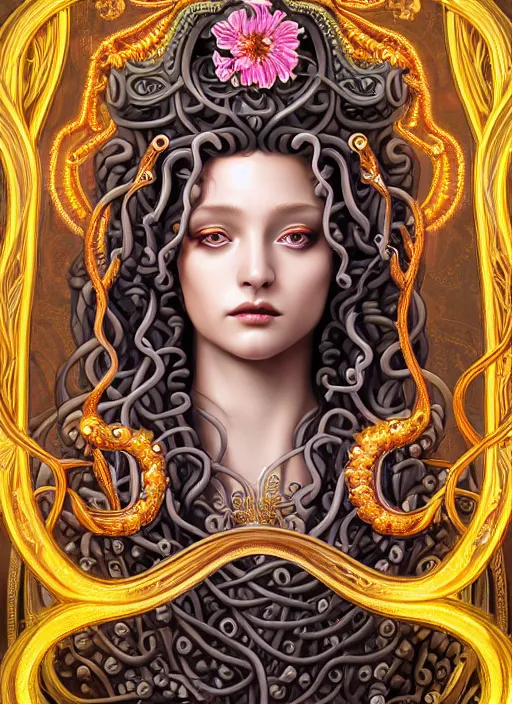 Image similar to professionally-painted ultradetailed ornate RPG award winning masterpiece illustration of beautiful symmetrical Medusa radiating glowing aura, fully clothed with an art nouveau flowery dress, digital airbrush painting, 3d rim light, hyperrealistic, artstation, cgsociety, kodakchrome, golden ratio