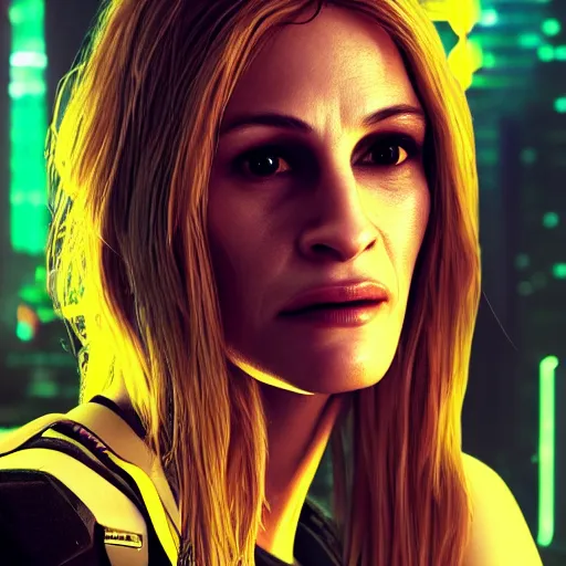 Image similar to julia roberts portrait, cyberpunk 2 0 7 7, cyberpunk v, rogue amendiares, photorealistic, ultra detailed, neon, octane, bokeh, cinematic lighting, cyber, cyberpunk city, studio quality, feature, scars, cyberface, 8 k