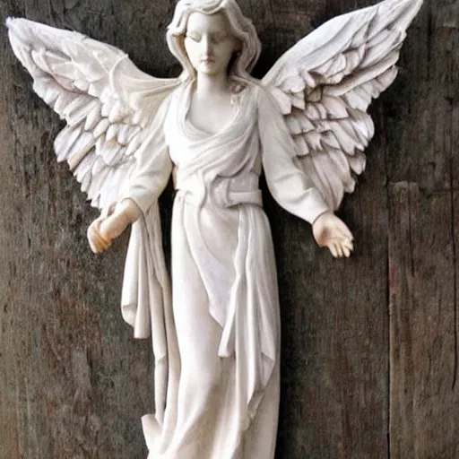 Prompt: Beautiful angel with spread wings and flowing robes, carved in wood, trending on Pinterest