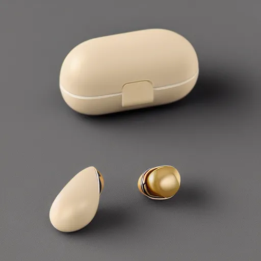 Prompt: beige teardrop-shaped truly wireless earbuds with gold accents, studio, product photo
