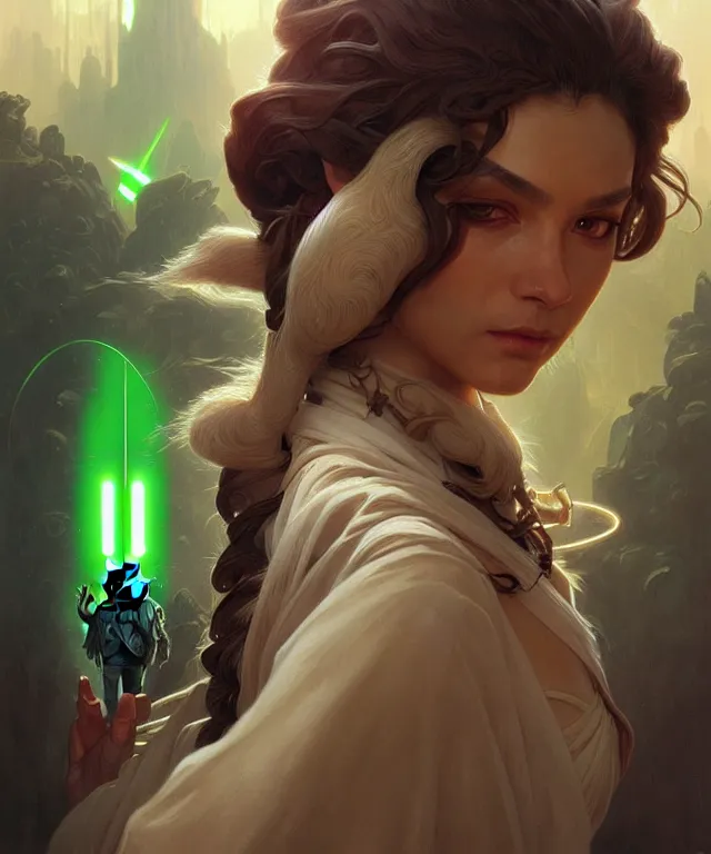 Prompt: Grogu meets yoda, sci-fi, amber eyes, face, long hair, fantasy, intricate, elegant, highly detailed, digital painting, artstation, concept art, smooth, sharp focus, illustration, art by artgerm and greg rutkowski and alphonse mucha