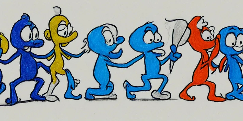 Image similar to a simple stylized drawing of long boned smurfs and color