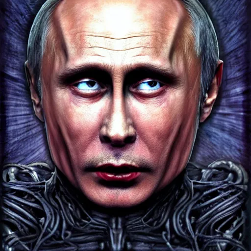 Prompt: Bodyhorror portrait by H.R.Giger of Vladimir Putin who became a degenerate horror Abomination, photo-realistic, color image, 2K, highly detailed