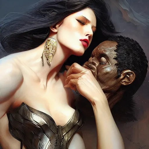 Image similar to “Super model Venus kissing hephaestus, dark, intricate, fantasy, intricate, elegant, highly detailed, digital painting, artstation, concept art, matte, sharp focus ,highly detailed, smooth, artstation, digital illustration by Ruan Jia and Mandy Jurgens and Artgerm and Wayne Barlowe and Greg Rutkowski and Frank Frazetta”