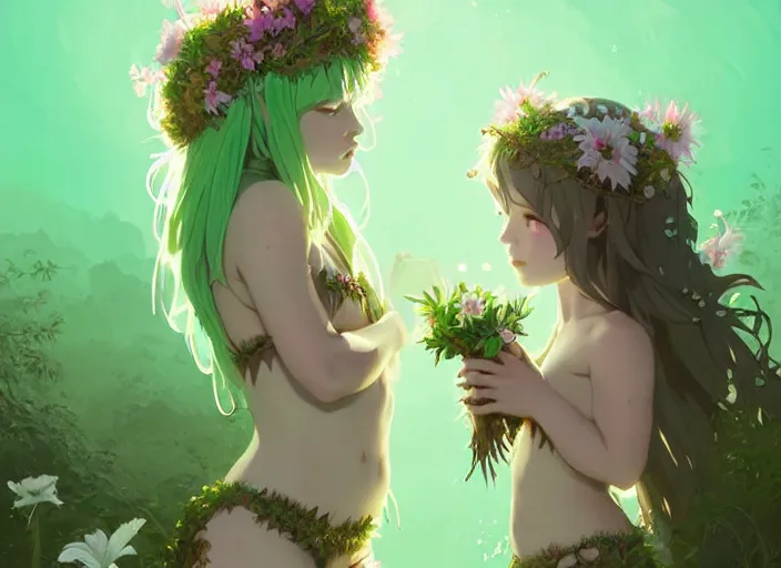 Prompt: two cute fairy girls with crown of flowers in plants bikini covered with celtic rune tattoos kissing, fantasy, by atey ghailan, by greg rutkowski, by greg tocchini, by james gilleard, by joe gb fenton, by in kaethe butcher, dynamic lighting, gradient light green, brown, blonde cream and white color in scheme, grunge aesthetic