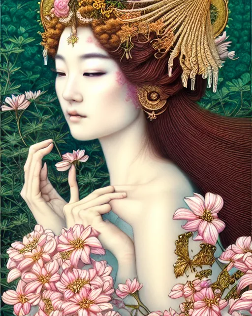 Prompt: portrait of a beautiful goddess of nature, graceful beauty, esoteric, ornamental, nature and floral aesthetics, head in focus, intricate, elegant, highly detailed, artstation, artistic, concept art, hasselbrad photography, sharp focus, illustrative, art style by chie yoshii