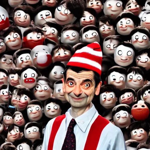 Image similar to a high quality photoshoot photograph of mr. bean as waldo from where's waldo