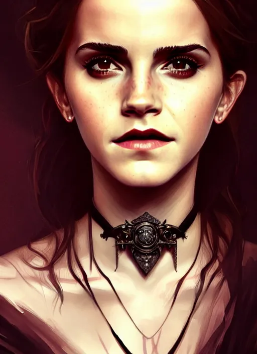 Prompt: portrait of emma watson as a vampire queen, jewelry, greek, black, intricate, headshot, highly detailed, digital painting, artstation, concept art, sharp focus, cinematic lighting, illustration, art by artgerm and greg rutkowski, alphonse mucha, cgsociety