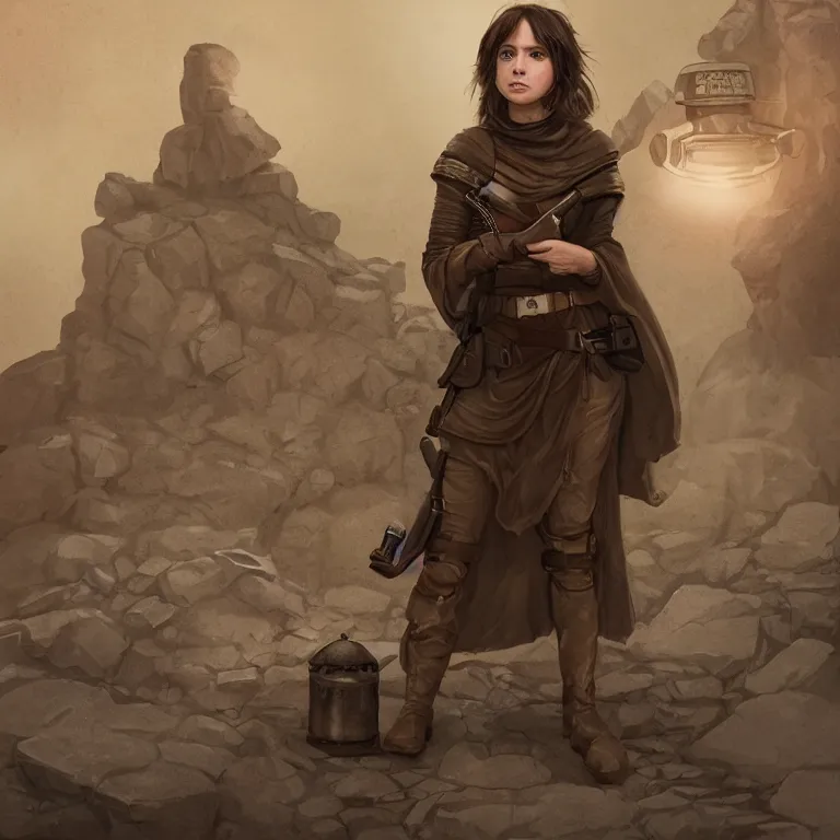 Image similar to portrait of jyn erso as a beautiful medieval maiden in a stone courtyard holding a rotary telephone, confident pose, coherent, insane detail, concept art, character concept, cinematic lighting, global illumination radiating a glowing aura