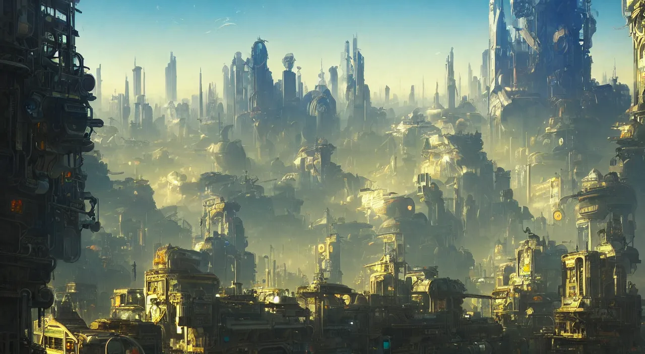Prompt: futuristic solarpunk city with happy people and animals, happy scenes, late afternoon light, wispy clouds in a blue sky, unreal engine, intricate, highly detailed, elegant, trending on artstation, sharp focus, cinematic lighting, art by greg rutkowski and alphonse mucha