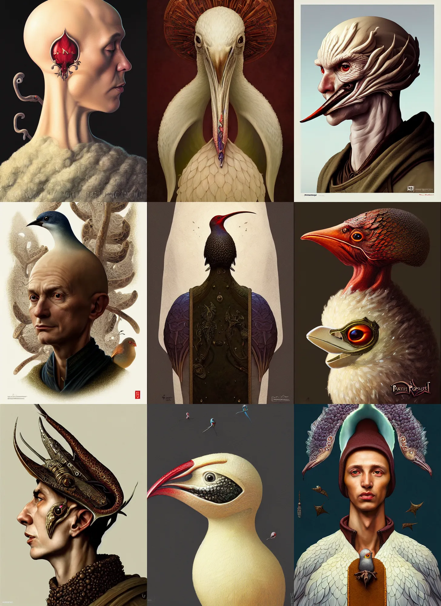 Prompt: rpg! profile! portrait of a fantasy fungus priest bird on white background, beak, intricate, highly detailed, digital painting, artstation, concept art, smooth, sharp focus, illustration, art by norman rockwell emiliano ponzi andrey remnev yoann lossel john currin aaron jasinski ivan albright hsiao - ron cheng, 8 k