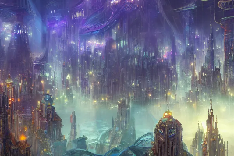 Prompt: an epic landscape view of a vast underwater metropolis, with glowing windows, towers, spires, parapets, balconies, bridges, glass, crystal, with colorful fish and sea creatures, painted by sparth and tyler edlin, close - up, low angle, wide angle, atmospheric, volumetric lighting, cinematic concept art, very realistic, highly detailed digital art