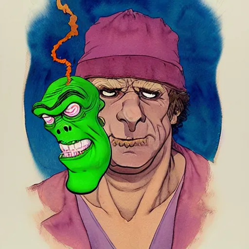 Prompt: a realistic and atmospheric watercolour fantasy character concept art portrait of slimer from ghostbusters with pink eyes wearing a wife beater and smoking a huge blunt by rebecca guay, michael kaluta, charles vess and jean moebius giraud
