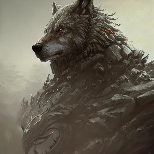 Image similar to king of wolves, elden ring, by artgerm, by greg rutkowski and zdizslaw beksinski, trending on artstation, octane render