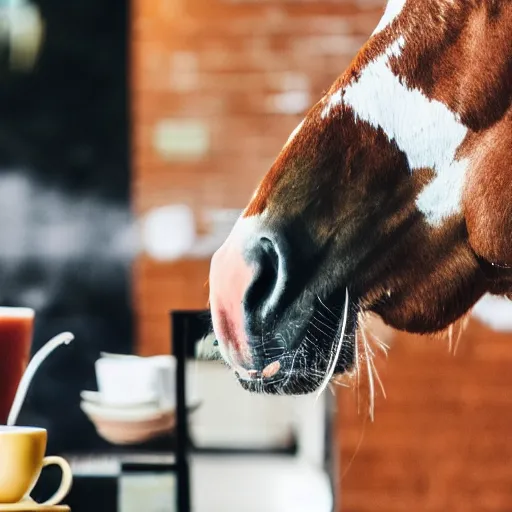 Image similar to a photo of a horse picking its nose, while in a cafe