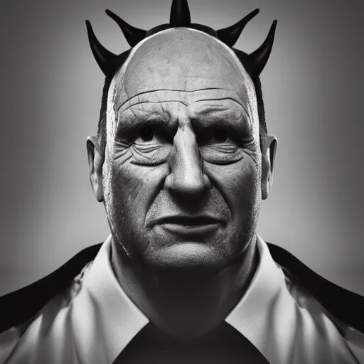 Image similar to avram glazer as the devil reincarnate, owner of manchester united football club, portrait, pure evil, devils horns, avram glazer, satan, hell, 8 k, hyperrealism, symmetry, cinematic lighting - h 9 6 0