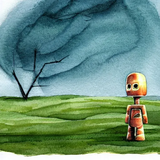 Image similar to a small lonely robot in the field, illustration, robot, trees, deforestation , Nice colour scheme, soft warm colour. Studio Gibli. Beautiful detailed watercolor by Lurid. (2022)