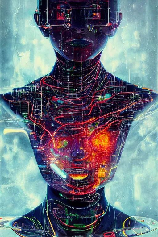 Image similar to portrait of computer & circuits, melting, nasa, 8 k, by tristan eaton, stanley artgermm, tom bagshaw, greg rutkowski, carne griffiths, ayami kojima, beksinski, giger, trending on deviantart, face enhance, hyper detailed, minimalist, cybernetic, android, blade runner, full of colour, super detailed