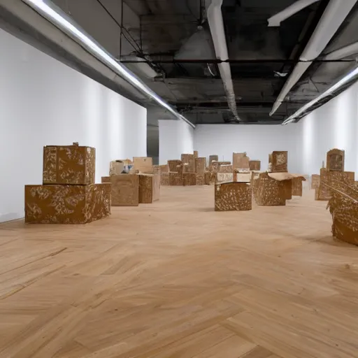 Prompt: a giant pile of cardboard boxes in a white room with a parquet floor which is an art gallery featuring anthony copely, interior photograph