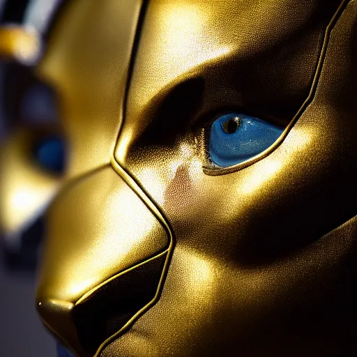 Image similar to a close up photo of a detailed golden statue of Black Panther, 8K,