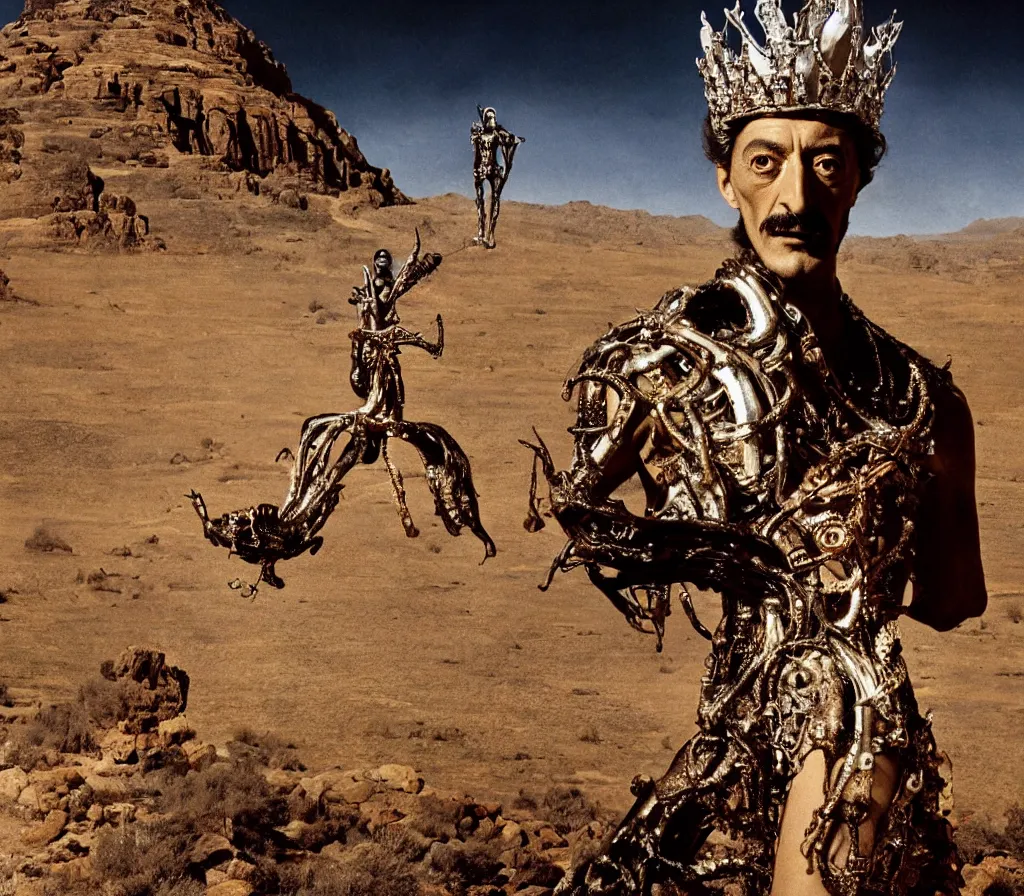 Prompt: portrait of salvador dali wearing a crown and costume with jewels in a dry rocky desert landscape, visible sky and sunny atmosphere, alien spaceship by giger, film still from the movie by alejandro jodorowsky with cinematogrophy of christopher doyle and art direction by hans giger, anamorphic lens, kodakchrome, very detailed photo, 8 k