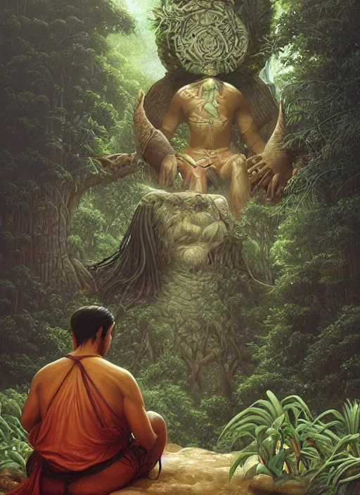 Image similar to an indigenous man sitting and praying in the jungle, while spirits of his ancestors watch over him from above, art by christophe vacher