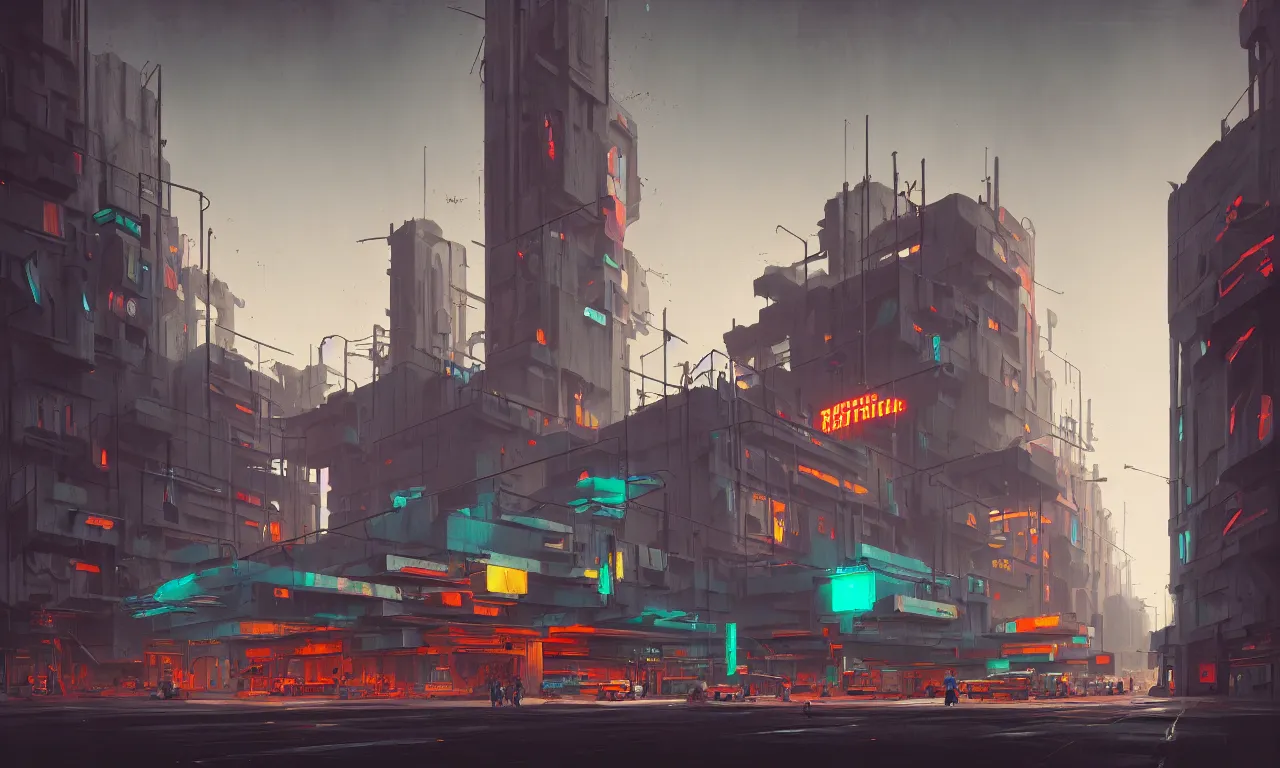 Prompt: brutalist architecture, colorful neon signs, raphael lacoste, eddie mendoza, alex ross, concept art, matte painting, highly detailed, rule of thirds, dynamic lighting, cinematic, detailed, denoised, centered