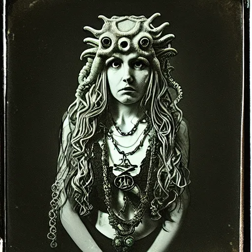 Prompt: daguerreotype of a cthulhu priestess adorned in occult jewelery with tentacle hair. emerging walking out of a baroque frame.